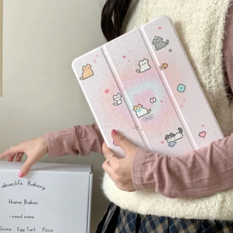 Tri-Fold Mirror Tablet Case with Pencil Holder and Cute Pixel Art Cat Design