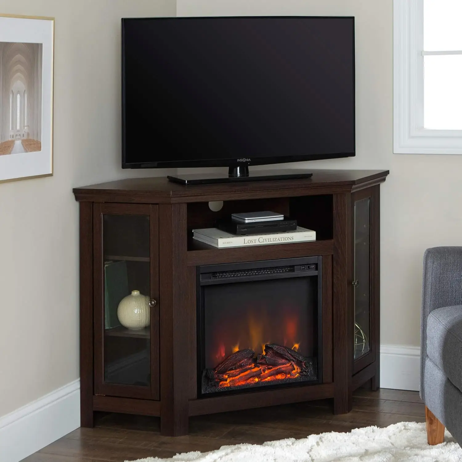 Alcott Classic Glass Door Fireplace Corner Entertainment Center TV Stand for TVs Up To 55 Inches 48 Inch Espresso 3