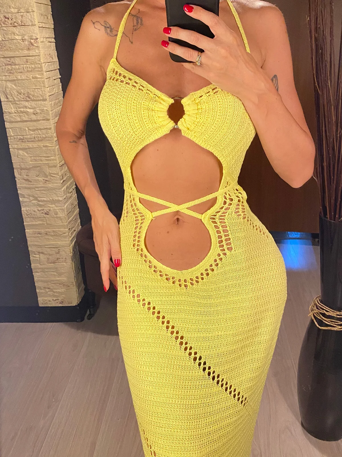 New Beach Wear Beachwear Female Women Sexy Halter Tummy Cut Out Crochet Knitted Tunic Beach Cover Up Cover-ups Beach Dress V5454 6