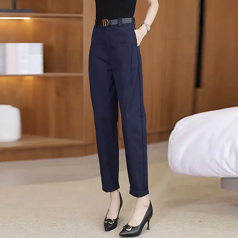 

Spring and Autumn Women's Solid Color High Waist Slim Halun Pants Button All Match Pockets Fashion Casual Commuter Trousers