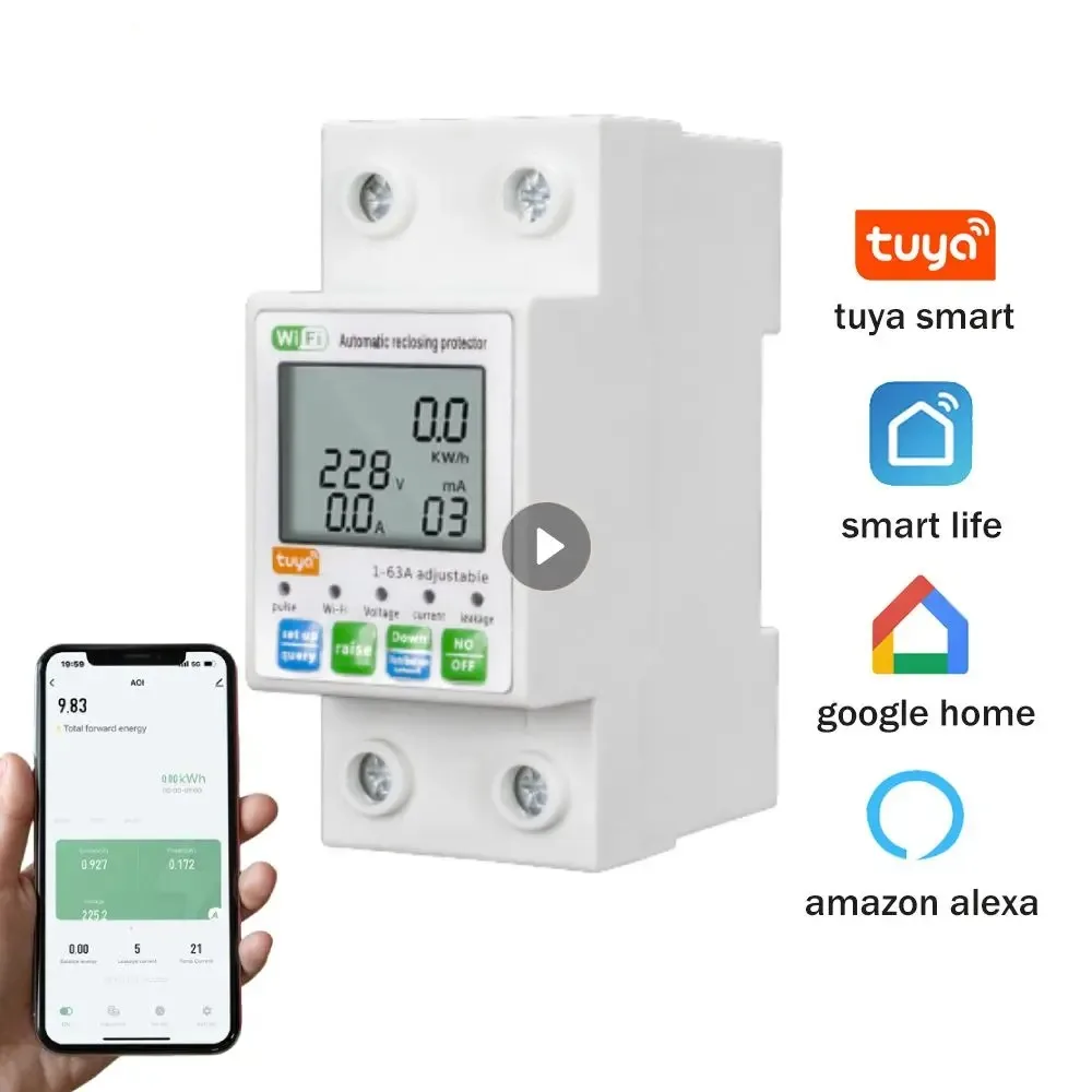 63A Smart Power Meter Switch Build-in Relay Switch Breakers AC 80-300V WIFI/Tuya App Control Smart Energy Circuit Breaker