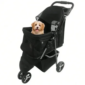 Foldable Pet Stroller 3 Wheels for Dogs Strolling Cart Carrier W/Storage Basket 1