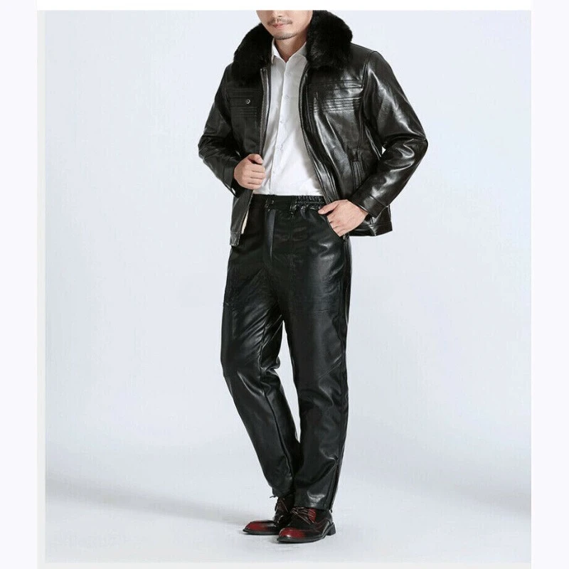цена Men's Brand New Genuine Leather Sheepskin Pants Wide Leg Fashion Pants Fashionable Trend