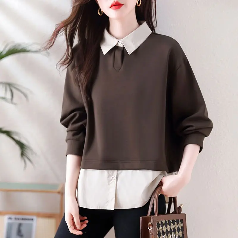 Fashion Lapel Spliced Casual Fake Two Pieces Blouses Women's Clothing 2024 Spring New Loose All-match Tops Commuter Shirts