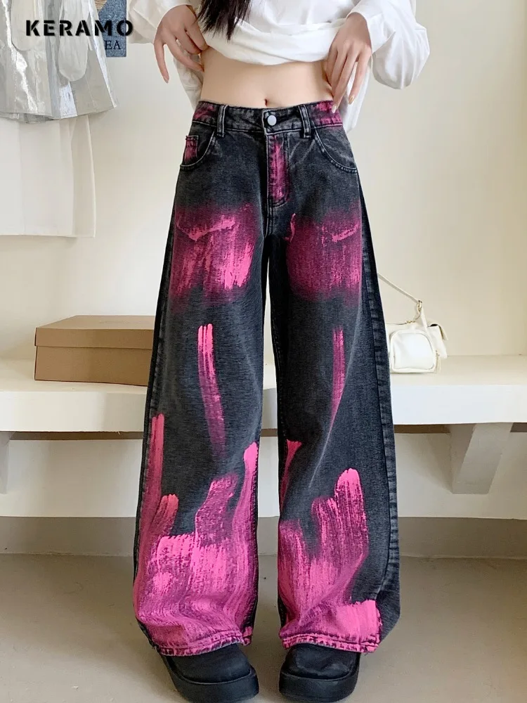 

American Retro High Waist Straight Jeans Pockets Hip-hop Pants 2024 Spring Women's Casual Y2K Grunge Dye Tie Denim Trouser