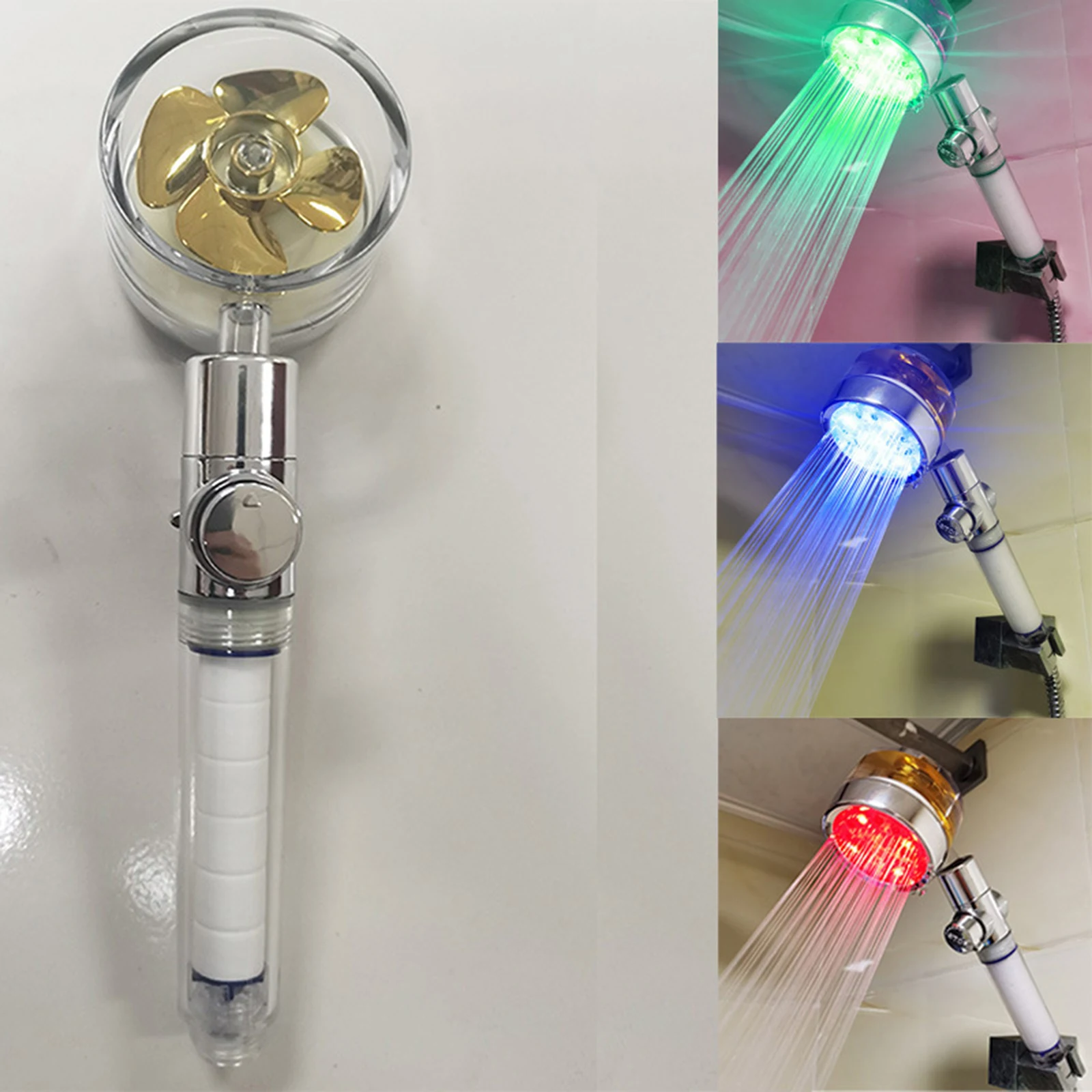 

Colorful LED Shower With Fan Water Stop Switch Saving Water Filter Rainfall Fan Shower Bathroom Shower Accessaries