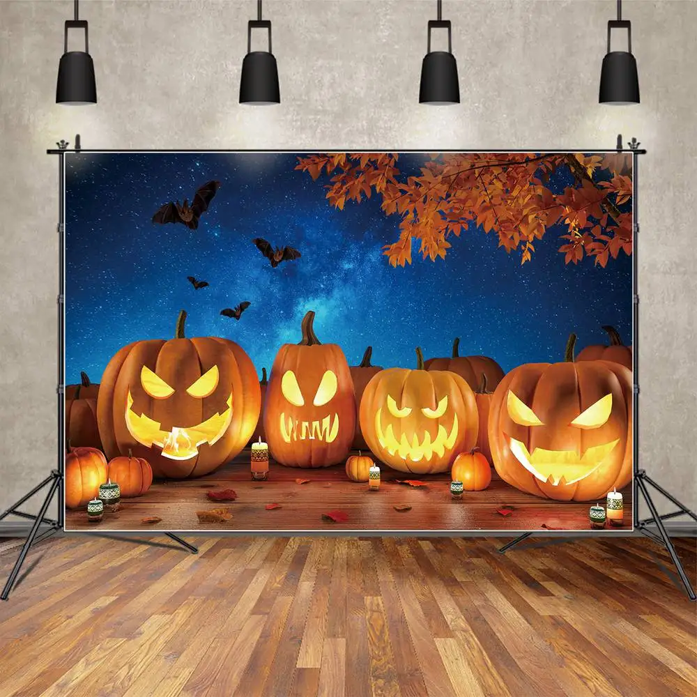 

MOON.QG Backdrop Halloween Maple Leave Candle Pumpkin Light Background Party Photo Booth Props Blue Nebula Moon Bats Decorations