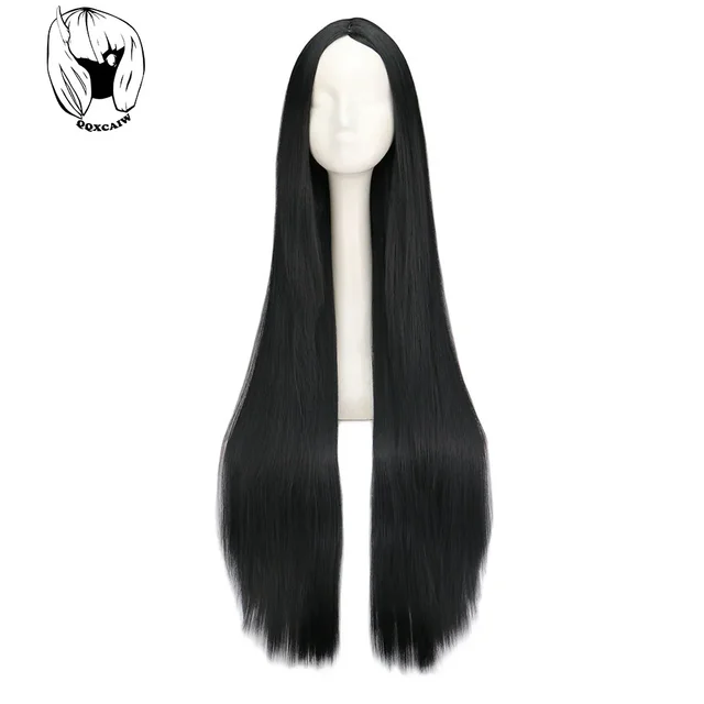 Perruque Synthétique Longue Noire de 100cm/40 ans, Cheveux Lisses, Degré de Chaleur, Costume de Carnaval d'Halloween, Cosplay 1