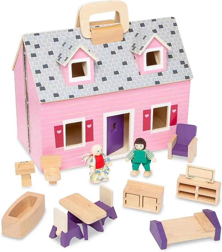 

Fold and Go Wooden Dollhouse With 2 Dolls and Wooden Furniture,Multi,One Size, Portable mini wooden doll house, Ages 3-6