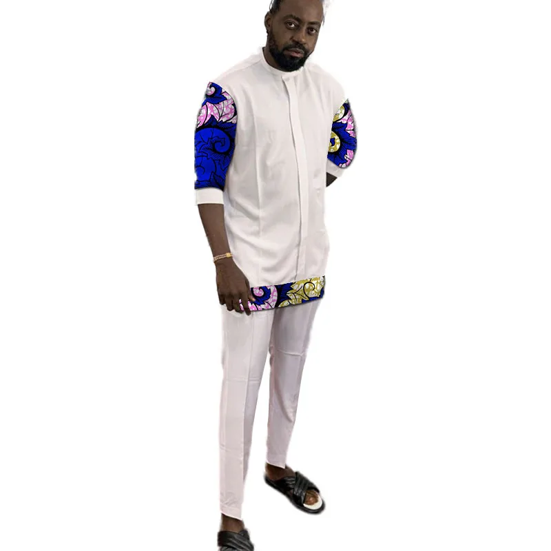 African Fashion White Men's Set Outfits 3/4 Sleeve Shirt With Pant Nigerian Print Original Design Groom Suits Party Wear 4