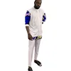 African Fashion White Men's Set Outfits 3/4 Sleeve Shirt With Pant Nigerian Print Original Design Groom Suits Party Wear 4