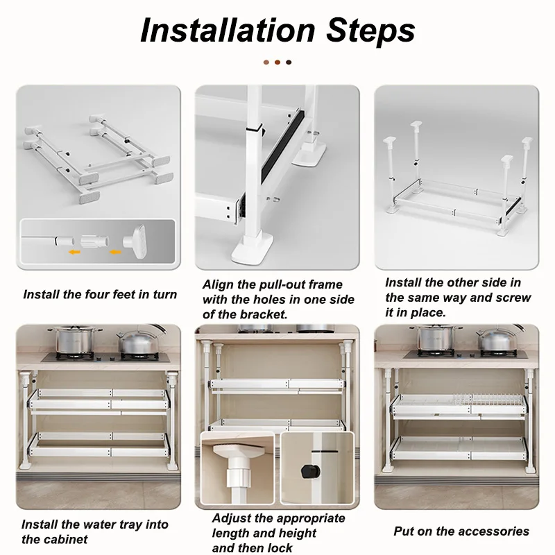 Kitchen Under Cabinet Dish Storage Rack Multifunctional Recessed Spice Bottle Pot & Bowl Organizer Layered Push Pull Draw 6