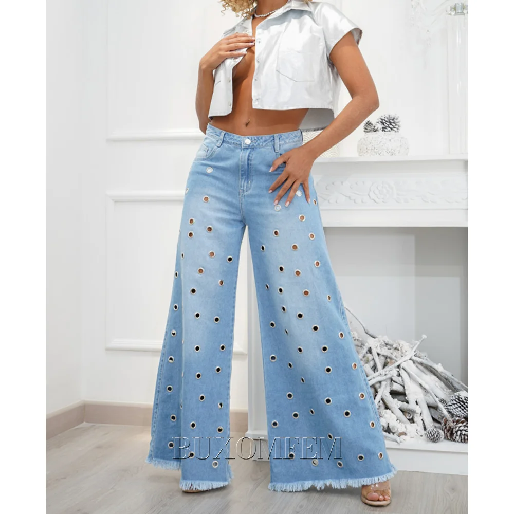 2024 Women's Wide Leg Pants Unique New High Waist Slim Fashion Jean Women's Light Blue Holes Stylish & Comfortable Denim Pants