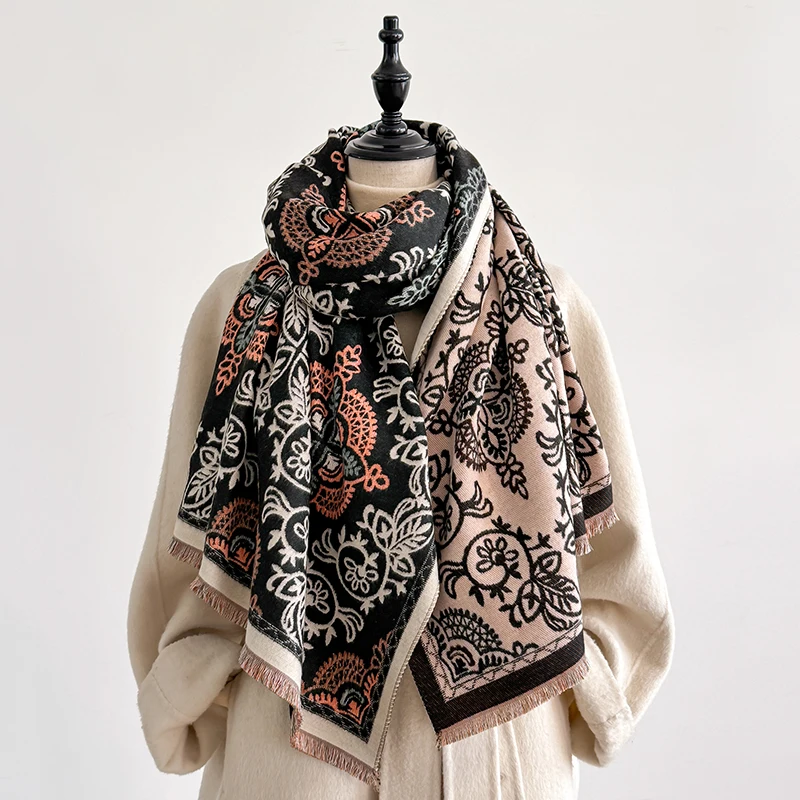 Elegant Checkered Design Scarf Imitation Cashmere Soft Warm Versatile Shawl Coldproof Windproof Blanket Scarf for Autumn Winter