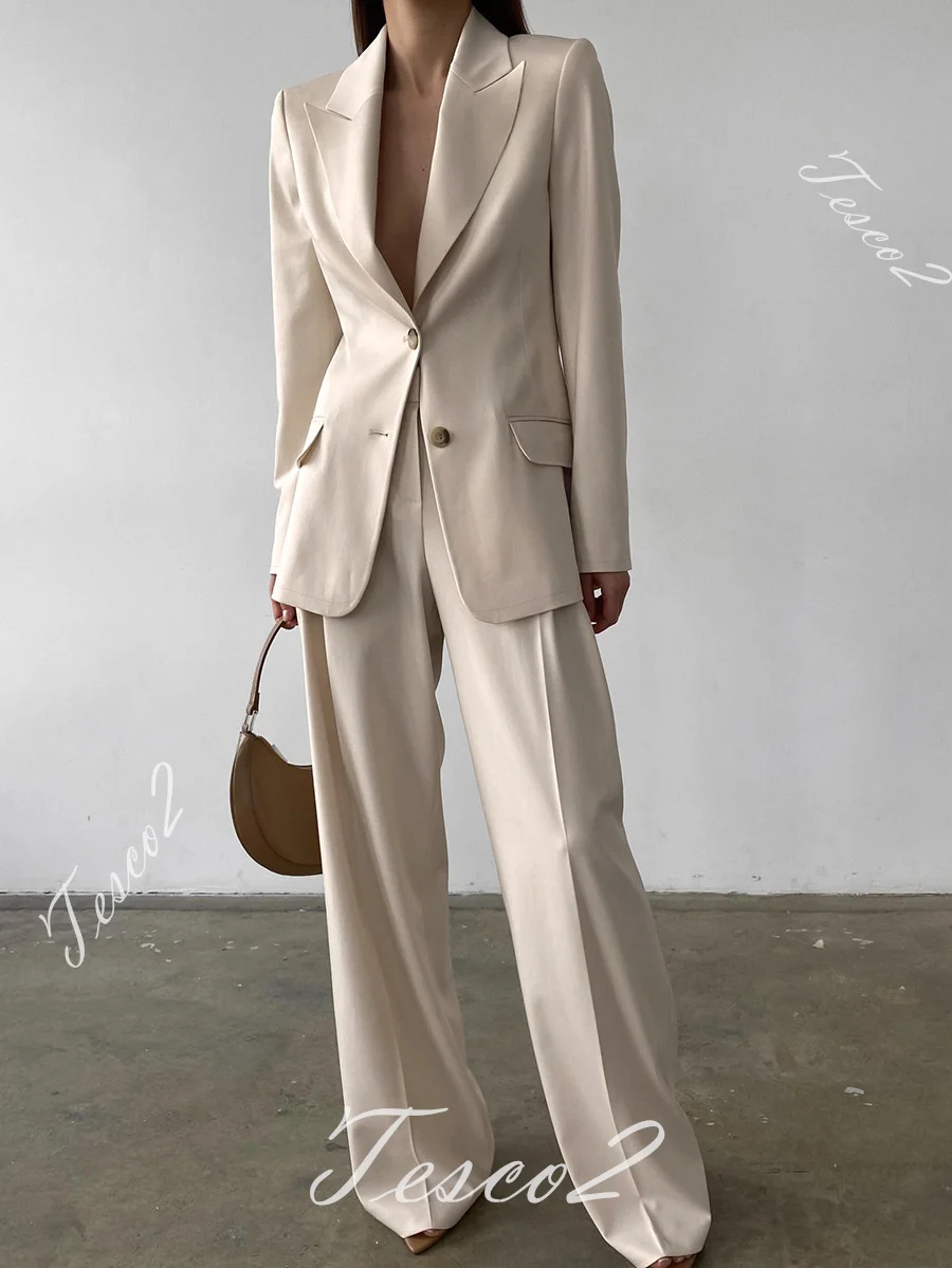 Tesco Women Pantsuit For Work Apricot Long Sleeve Blazer Suit Wide Leg Trousers Vintage Casual Office Lady Outfits For Women
