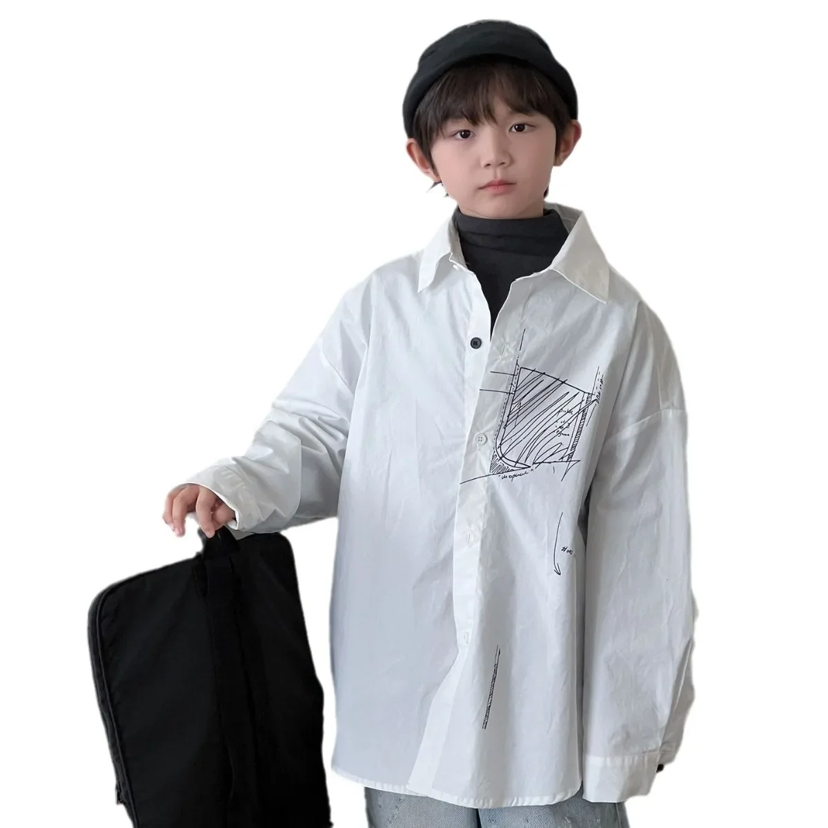 Pure Cotton Shirt for Boys Cheese And Cat Graffiti Pencil Drawing Design Korean Style Autumn Outerwear Fresh Style