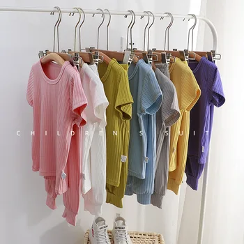 Baby Home Clothes Solid Color Pajamas Sets Toddler O-neck Tshirt+Trousers Girls Boys New Summer Simple Loose Soft 2 Piece Suits 1