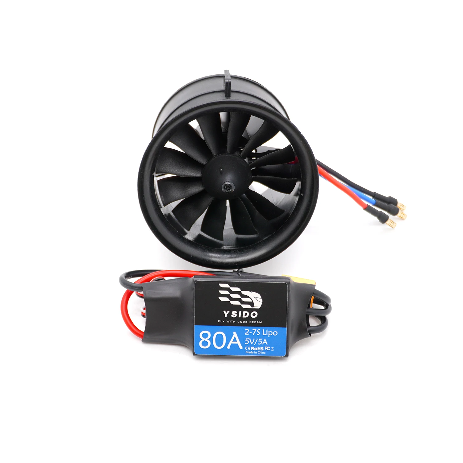 Moteur Brushless 64mm 3950KV pour avion RC violet, avec câbles de connexion et connecteurs dorés.