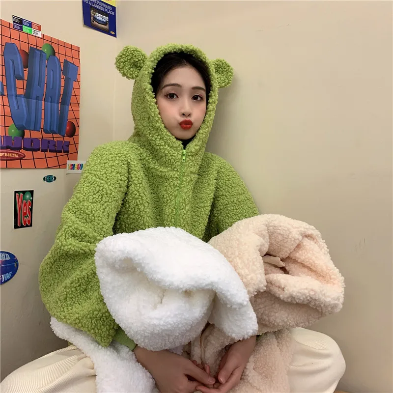 Lamb Wool Plush Long Sleeved Zippered Sweater Autumn and Winter New Loose and Cute Hooded Women Clothing