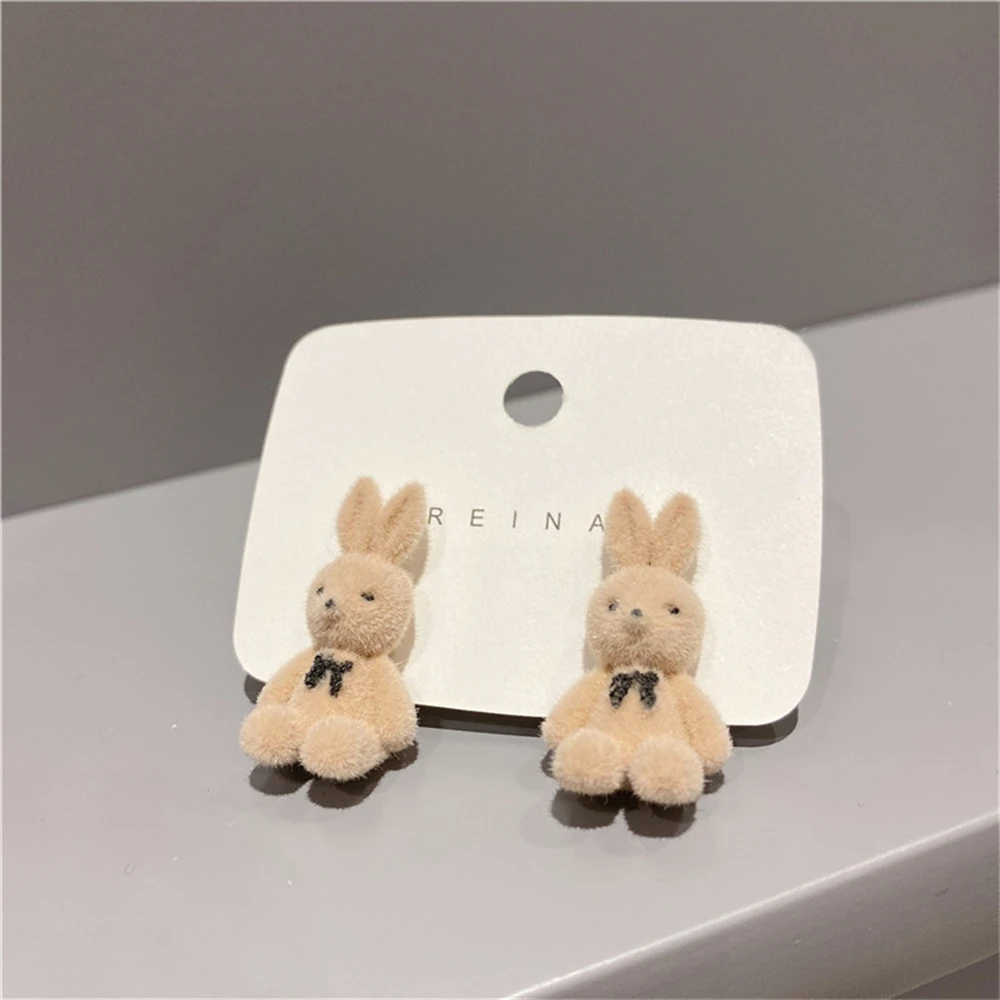 Neue süße Beflockung Plüsch Kaninchen Bär Ohrstecker Kawaii Braun Khaki Tier Ohrringe für Frauen Modeschmuck Zubehör – Detail 5