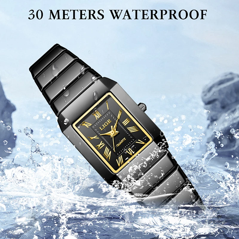 LIGE Simple Square Black Ceramic Watch Women Fashion Elegant Ladies Quartz Wristwatch Outdoor Sports Waterproof Clock Femme Gift