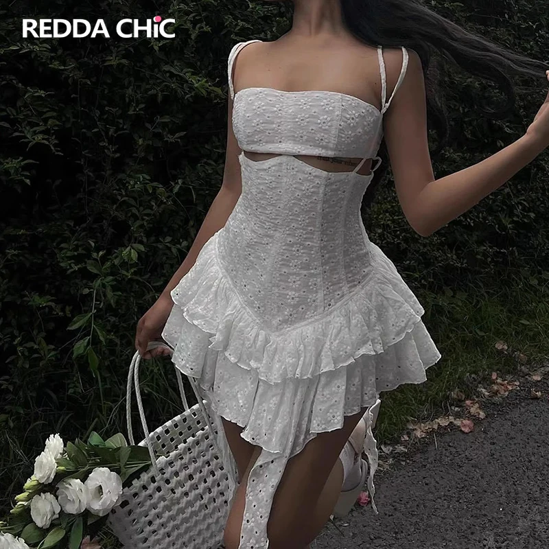 

REDDACHiC Heavy Industry Floral Embroidery Women's Mini Dress Cut-out Layered Ruffle White Lace Slim Fit Desire One-piece Dress