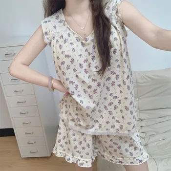 قطعتين مجموعة طاقم الرقبة المرأة منامة مثير زهرة طباعة بيجامة مجموعة السراويل موضة عادية المرأة بلا أكمام الحلو بيجامة مجموعة 3