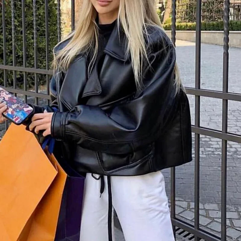 New Spring Women Faux Leather Jacket Biker Red White Coat Turndown Collar PU Motorcycle Jackets Loose Streetwear Outerwear 2022 spring women faux leather jacket black white biker coat autumn turn down collar pu motorcycle jackets loose streetwear outerwear