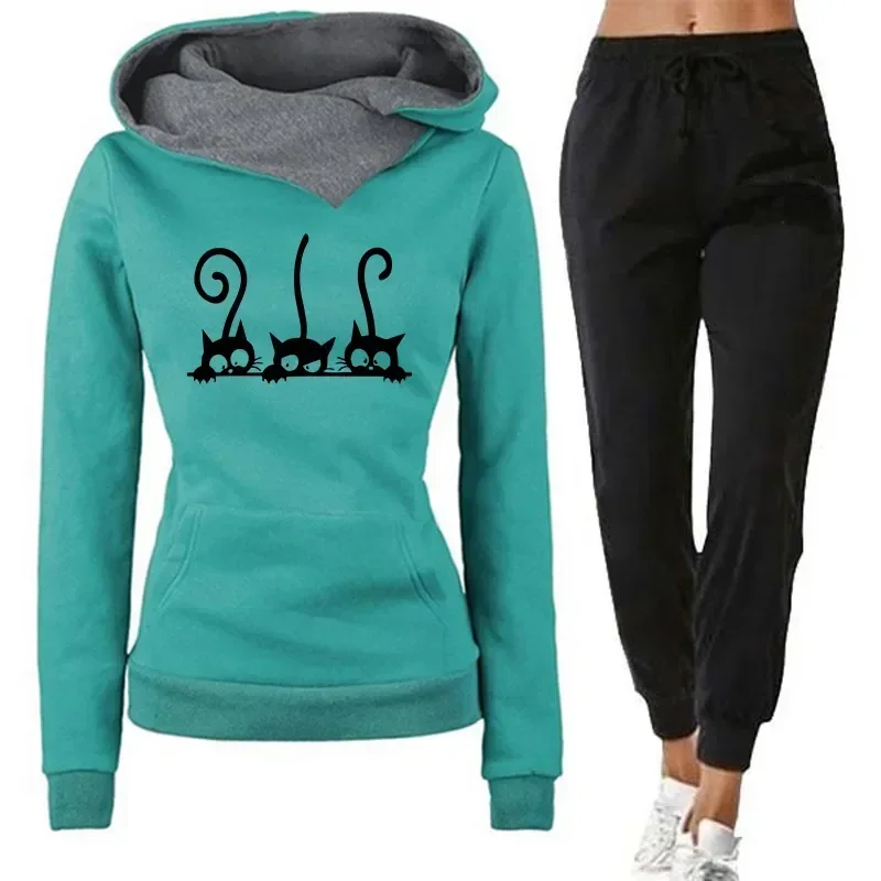 New Women Tracksuit Cute Cat Printed Hooded Sweatshirt and Sweatpants 2 Pieces Set Autumn High Quality Daily Casual Ladies Suit
