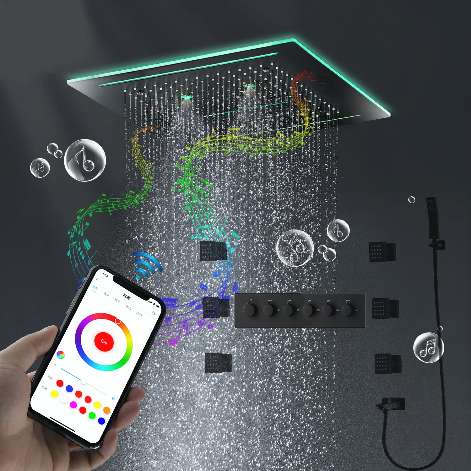 hm Music Shower System 16Inches Waterfall Rainfall ShowerHead Bathroom Colorful LED Thermostatic Faucets Set With Side Jets