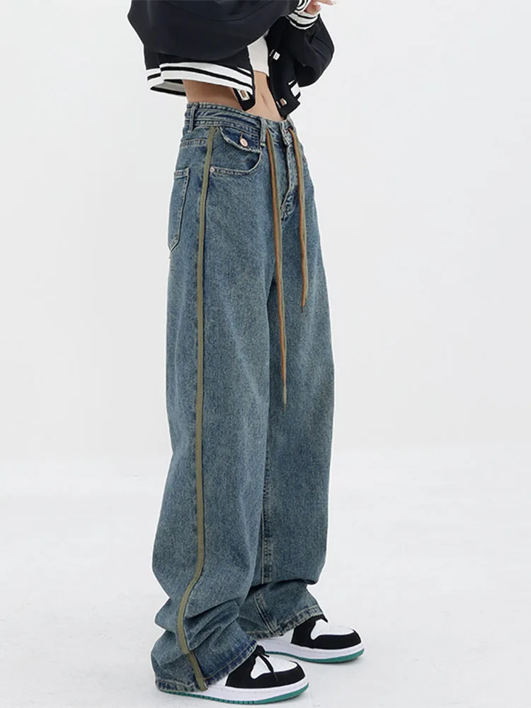 

2022 Autumn Women's Retro Straight High Waist Jeans Lace Up Loose Americal Style Casual Fashion Wide-Leg Draggle-Tail Trousers