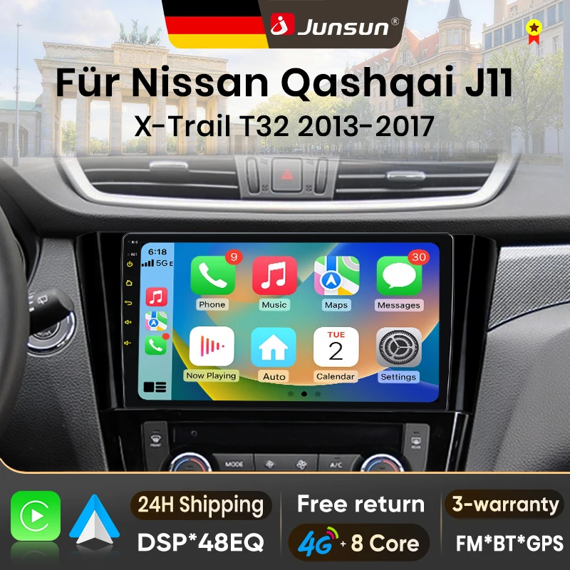 Radio para Auto Junsun de 10 Pulgadas con Android 15 para Nissan Qashqai J11 X-Trail 3 T32 2013-2017, Inalámbrico para Apple CarPlay, Pantalla IPS, Reproductor Multimedia Estéreo, Sistema Inteligente para Auto, Unidad Principal Autoradio 2 Din, Navegación GPS, BT, 4G, WIFI, FM, AM, DAB+ 1