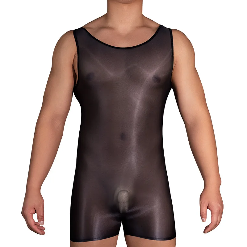 Men Sexy Transparent Bodysuit Oil Shiny Sheer Night Club Wear U Convex Pouch Boxers Seamless High Elastic Bikini Underwear