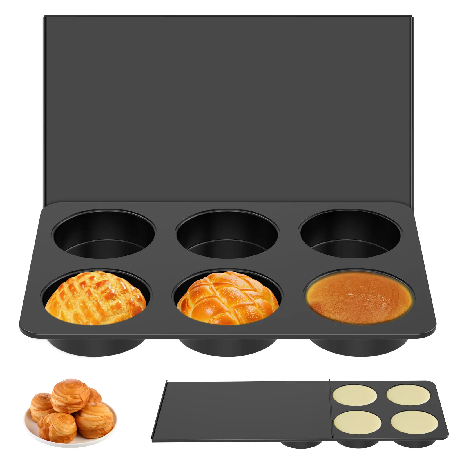 6 Holes Cake Pans Reusable Muffin Top Pan with Sliding Lids Carbon Steel Baking Pan Nonstick Easy Clean Baking Trays for Kitchen