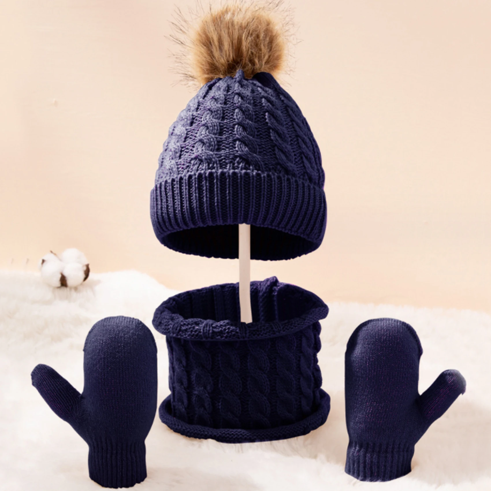 Knitted Hat Kids Knitted Set 3PCS/Set Kid Winter Hat Scarf Mittens Set Toddler Knitted Girls Children Neck Warmer Boys Wool Outdoor Warm Skin-Friendly Gloves
