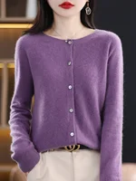 Addonee Women 100% Merino Wool Sweater Cashmere O-neck Cardigan Raglan Sleeve Classical Knitwear Solid Fashion Basic Clothing 1