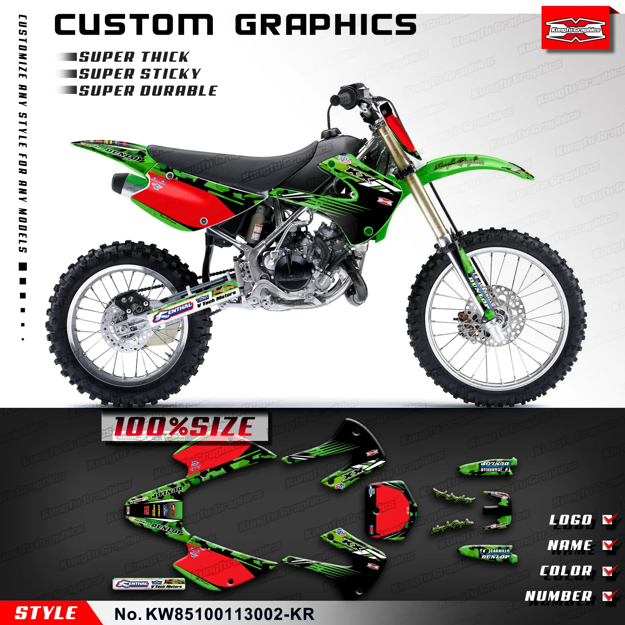 

KUNGFU графические наклейки, наклейки, виниловые наклейки для Kawasaki KX 85 100 2001-2013, KW85100113002-KR