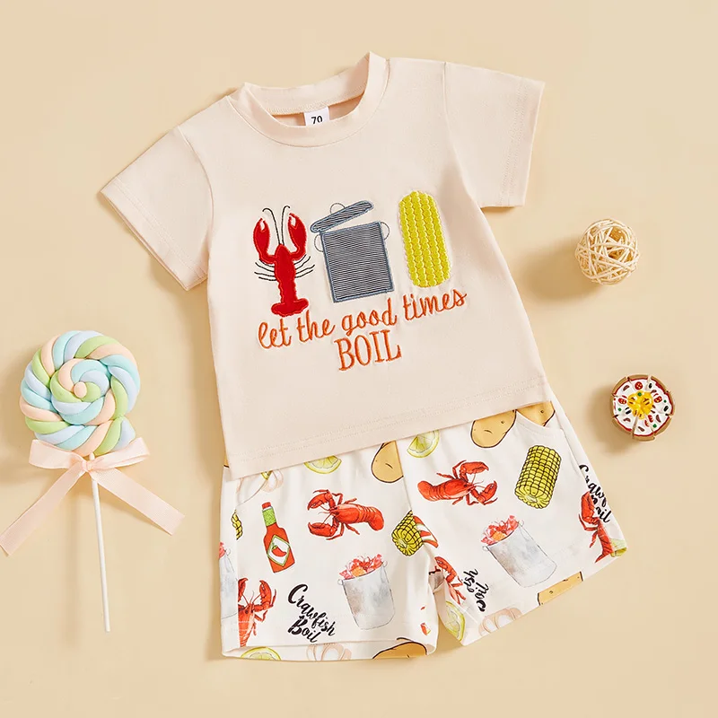 2024-12-10 Lioraitiin Kids Boys Summer Outfit Short Sleeve Crew Neck Embroidery T-shirt with Lobster Print Shorts Clothing Set 2