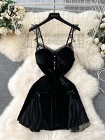 SINGREINY Strap Sexy Velvet Dress Fashion Senior Pearls Sleeveless Slim Women Lace Hollow out Backless High Quality Mini Dress - Image 4
