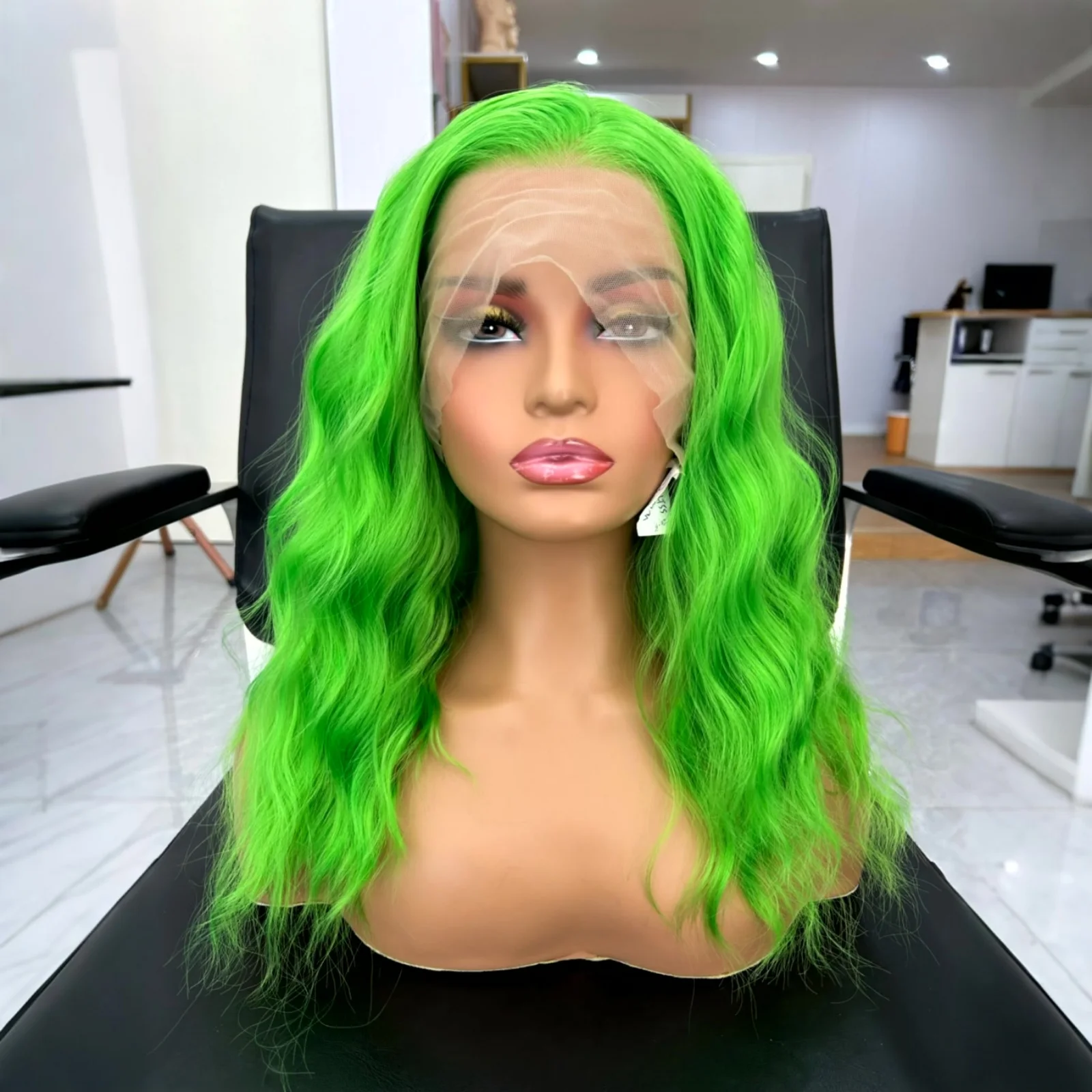 Green Wig Short Curly Wavy Bob Synthetic Wig Free Part Shoulder