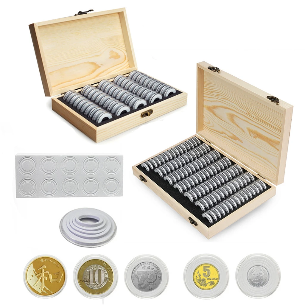 

Set Wooden Box Transparent Coin Capsule Box Case with Protective Gasket Organizer for Challenge Medal Collectable Coins Holder