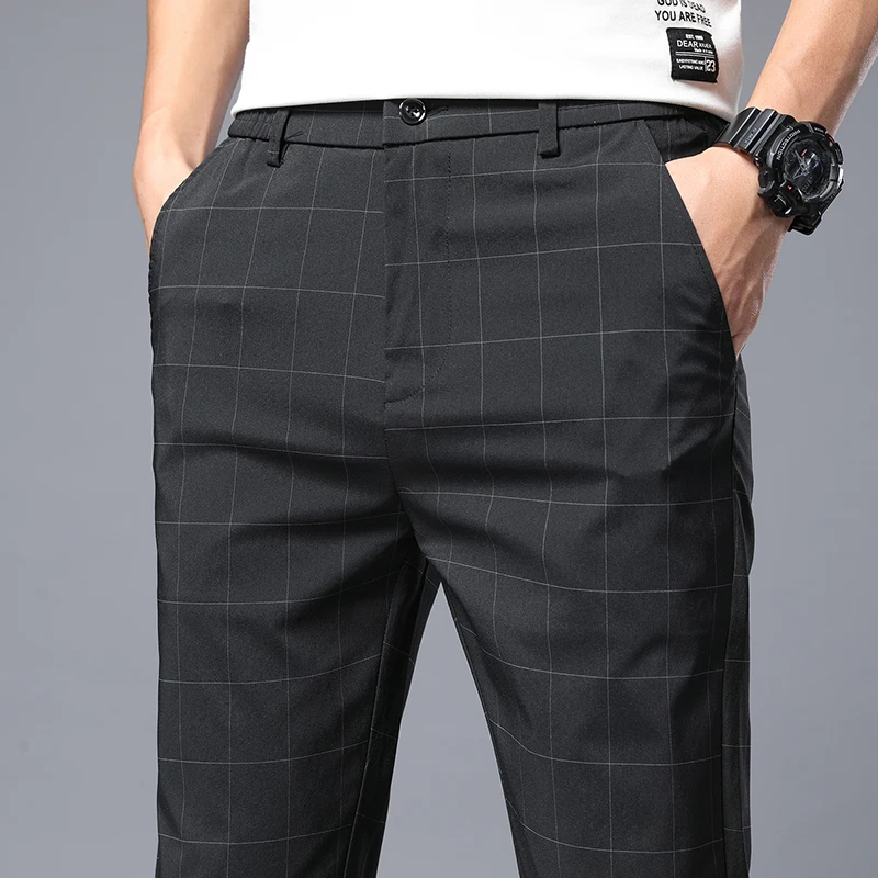 

Spring Summer New Men'S Ice Silk Casual Pants Classic Thin Slim Fit Straight Stretch Suit Trousers Male Business Brand Clothes