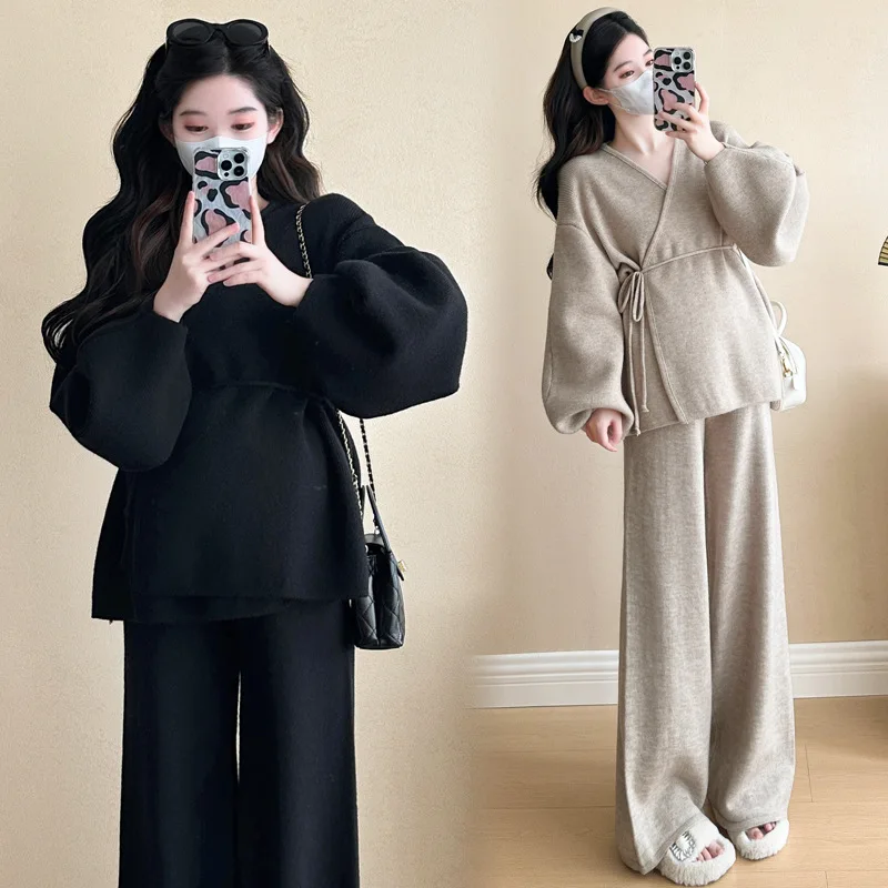 Maternity Wear Fall Winter Clothes Set Korean Lantern Sleeve Sweater+ Wide-leg Pants 2Pcs Fashion Models Suit Pregnant Clothes