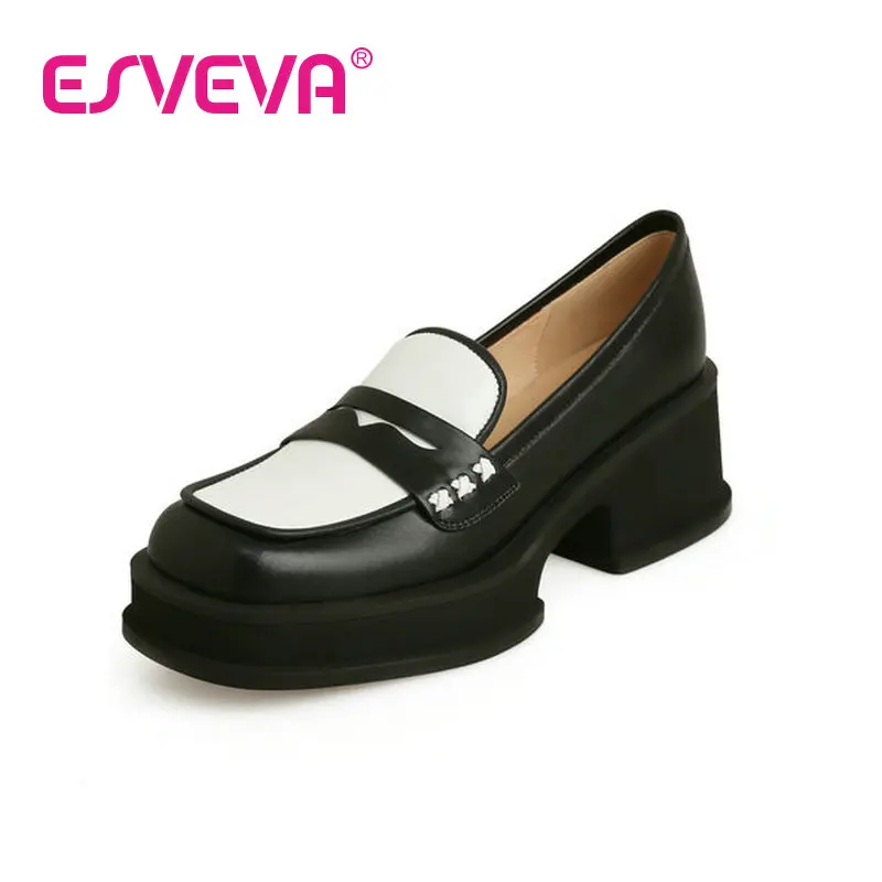 

ESVEVA 2023 Cow Leather Med Heel Women Elegan Loafers Office Spring Nobility Style Slip On Office Round Toe Shoes Woman 34-39