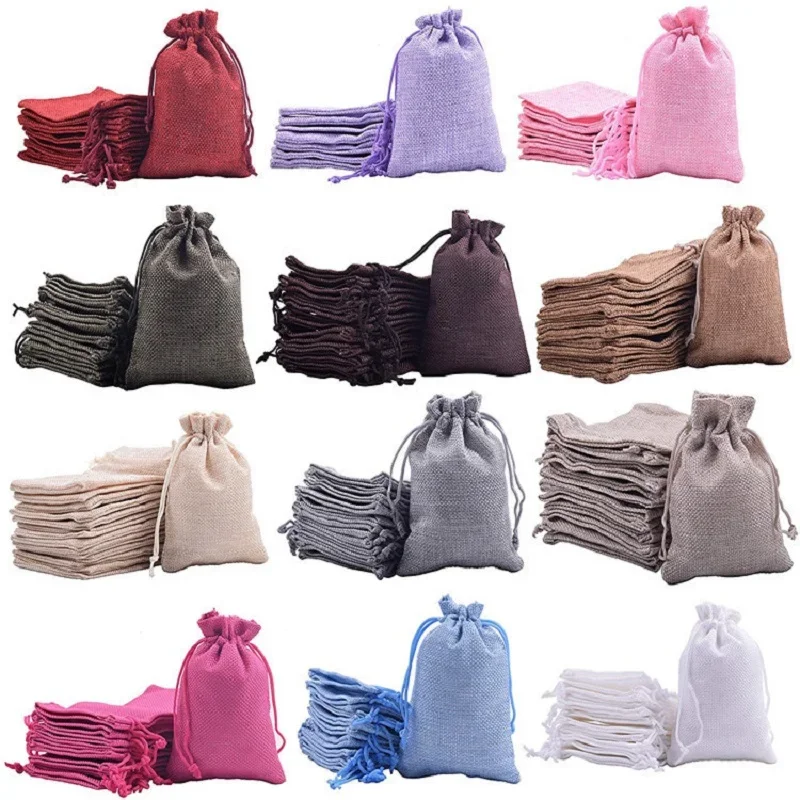 50 Sacs Toile De Jute 10x15cm - Cadeaux Mariage, Bijoux, Cordon Serrage