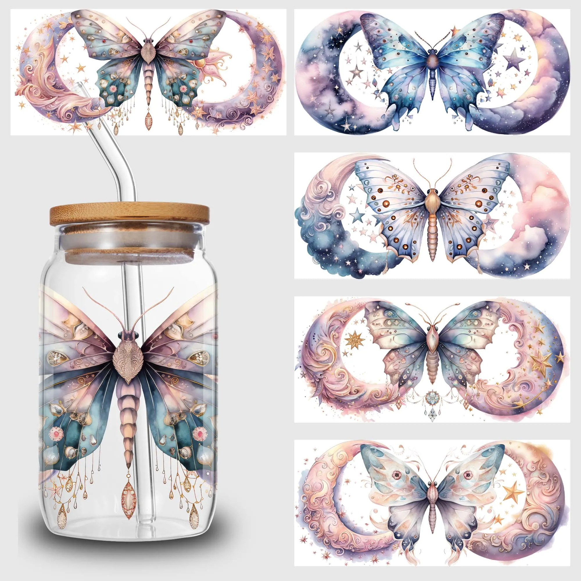 Beautiful butterfly UV DTF Cup Stickers Glass Sport Transfer Stickers Waterproof Wipe Transfers 16 oz Glass Mugs 5 Sheets