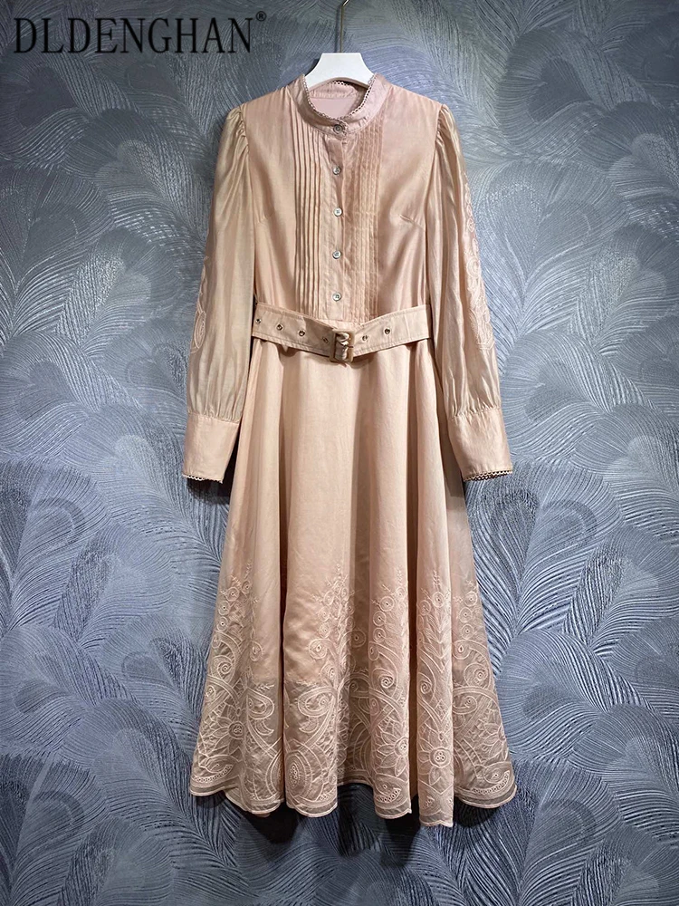 

DLDENGHAN Fashion Autumn Embroidery Dress Women Stand Collar Lantern Sleeve Belt Draped Vintage Single Breasted Dresses