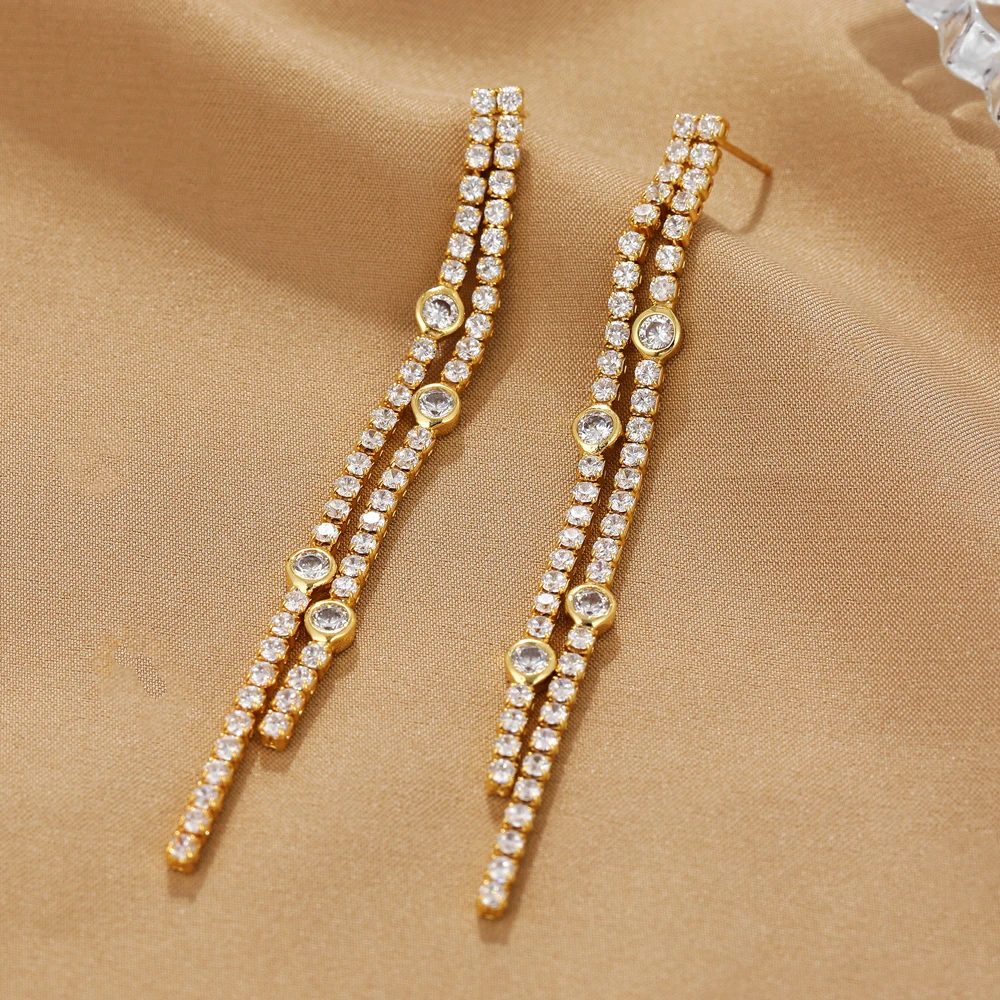 Elegant Sparkling Zircon Hanging Metal Tassel Dangle Earrings for Women 18K Gold Plated Stainless Steel Long Party Jewelry Aros