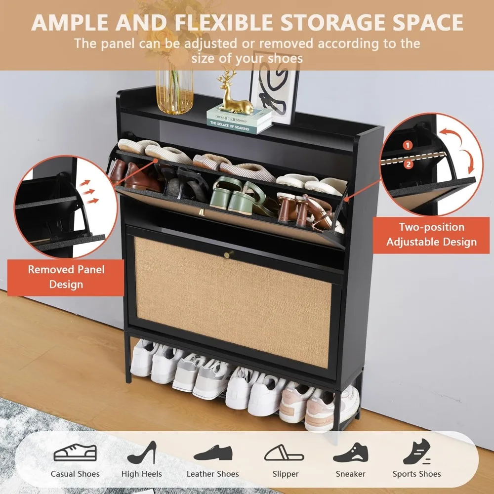 Shoe Cabinet for Entryway, Black Slim Shoe Cabinet with 2 Flip Drawers Narrow Shoe Storage Cabinet, 2 Tier Freestanding 5
