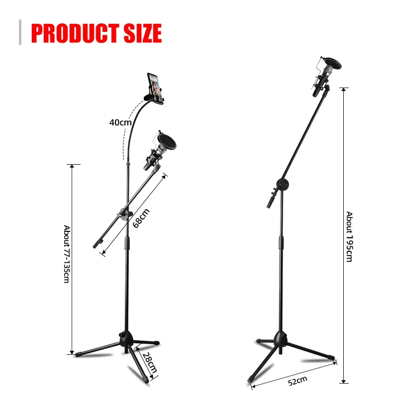 NB-107 Microphone Floor Telescopic Lifting Tripod Multifunctional Microphone Outdoor Vertical Support for Mobile Broadcast